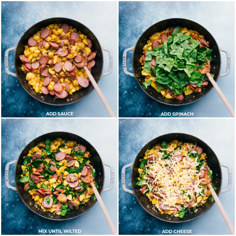 Process shots-- images of the sauce, spinach, and cheese being added