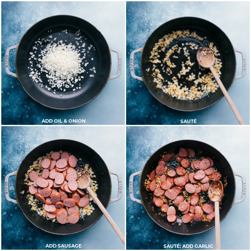 Process shots-- images of the onion, sausage, and garlic being sautéed for this smoked sausage, potatoes, and corn dinner