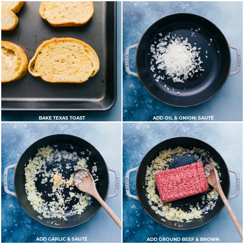 Process shots--toast the bread; add oil and onion to a pan and sauté; add garlic, beef and continue.