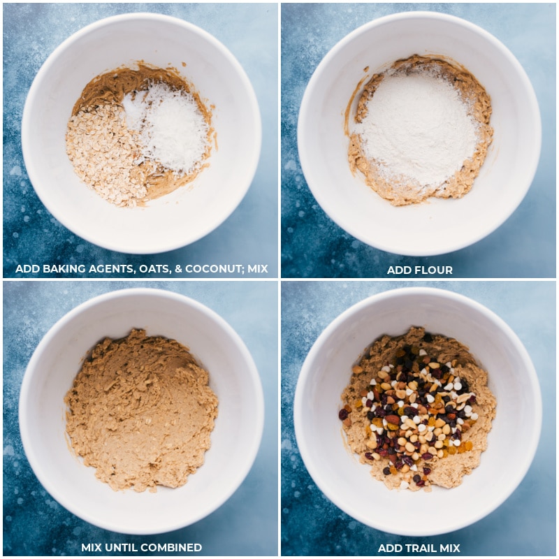 Process shots-- images of the baking agents, oats, coconut, flour, and trail mix all being added