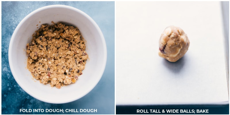 Process shots of Trail Mix Cookies- images of the dough chilling and then it being rolled out into balls