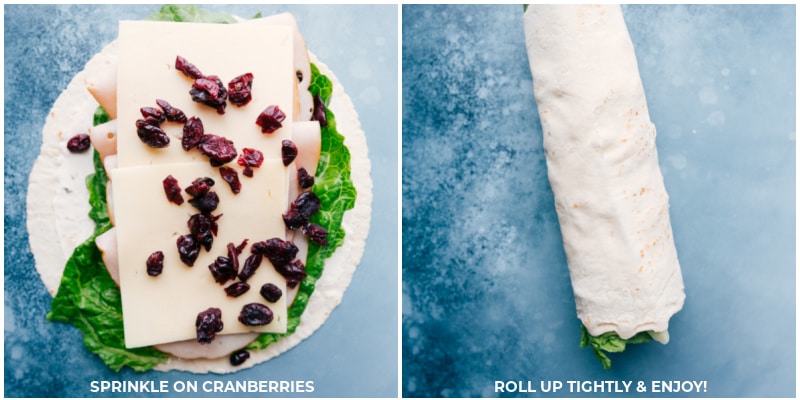 Process shots: Sprinkle cranberries over the lettuce, meat and cheese; roll up tightly.