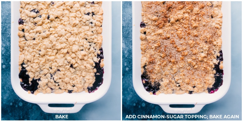 Process shots-- images of the Blueberry Cobbler with the cinnamon sugar topping added.