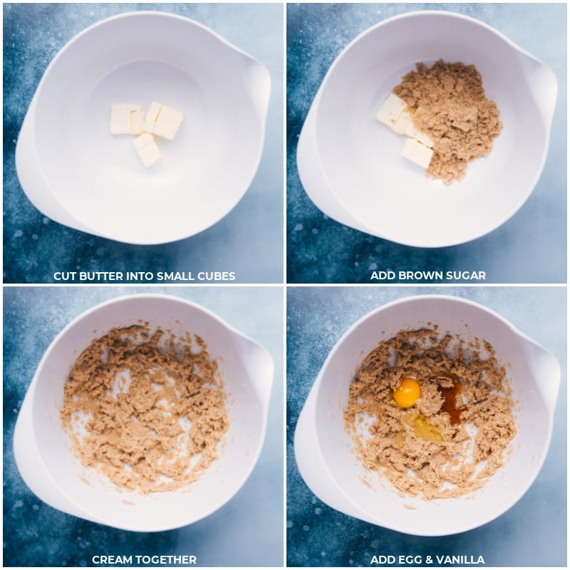 Process shots: Making the batter by adding brown sugar to butter cubes; cream together and add vanilla and egg.