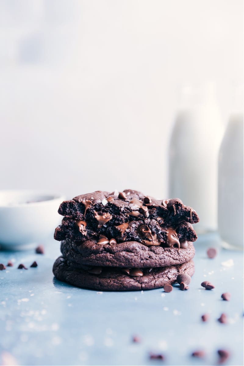 Bakery Style Chocolate Cookies stacked on top of each other