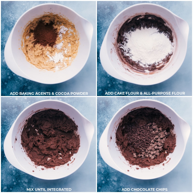 Process shots-- images of cocoa powder, baking agents, flour, and chocolate chips being added to a bowl and mixed together