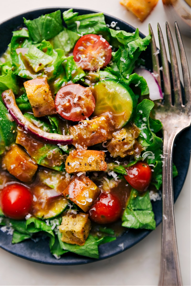 Overhead image of the salad with the Balsamic Vinaigrette over it all