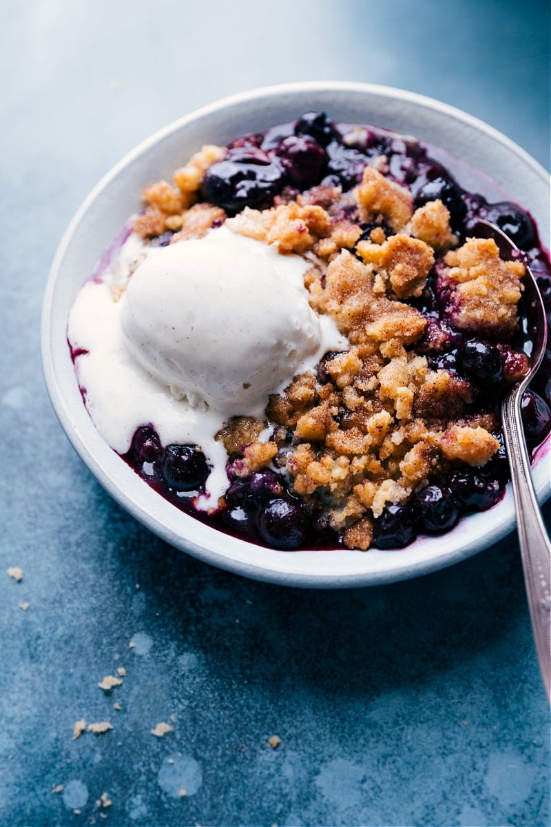 Up-close overhead image of the dessert in a bowl with ice cream on top