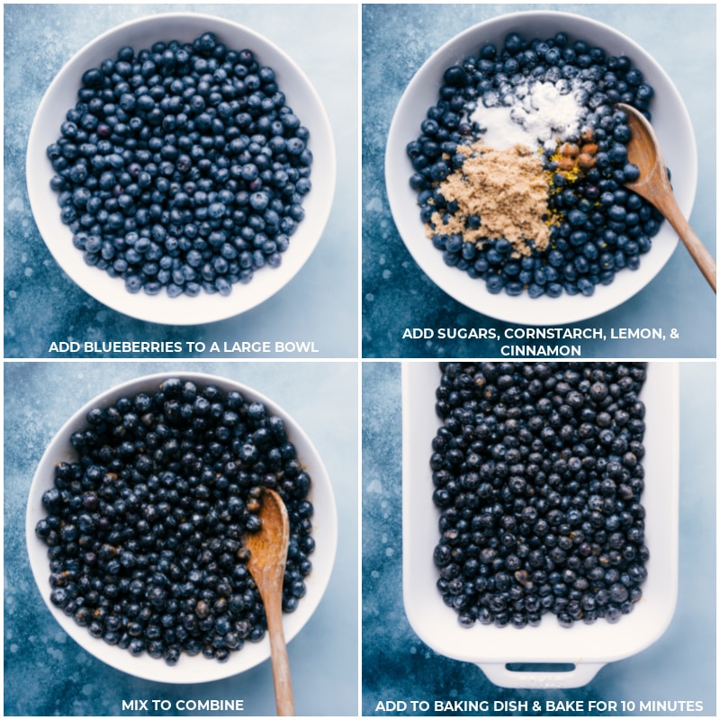 Process shots-- images of the blueberries being added to a bowl along with sugars, cornstarch, lemon, and cinnamon; mixing it all together and adding to a baking dish