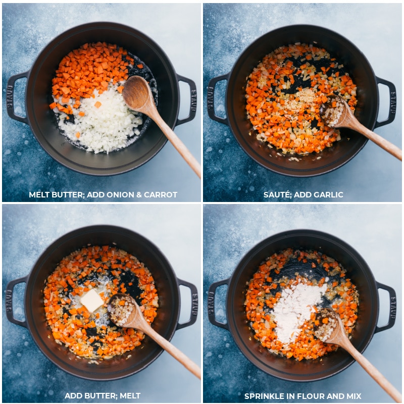 Process shots-- images of the veggies being sautéed, butter and flour being mixed in