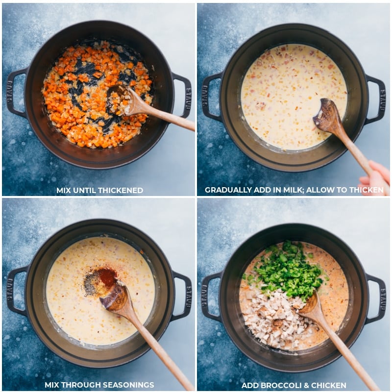 Process shots of the Broccoli Cheddar Pot Pie-- images of the milk, seasonings, broccoli, and chicken being added