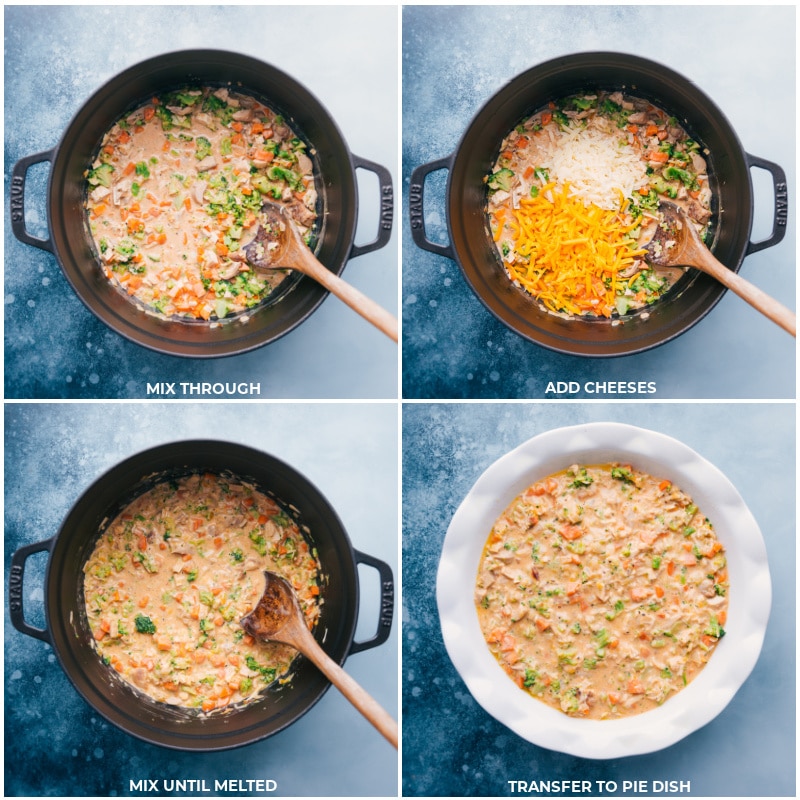 Process shots-- images of the cheese being added and then the whole mixture being transferred to a pie dish