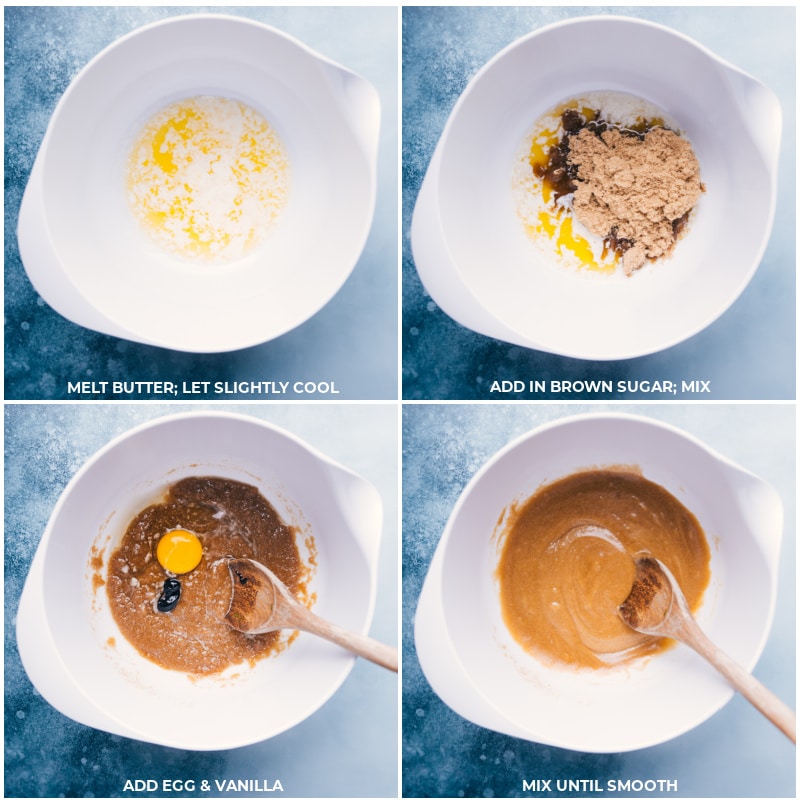 Process shots-- melt the butter; add brown sugar, eggs, and vanilla; mixing it all together