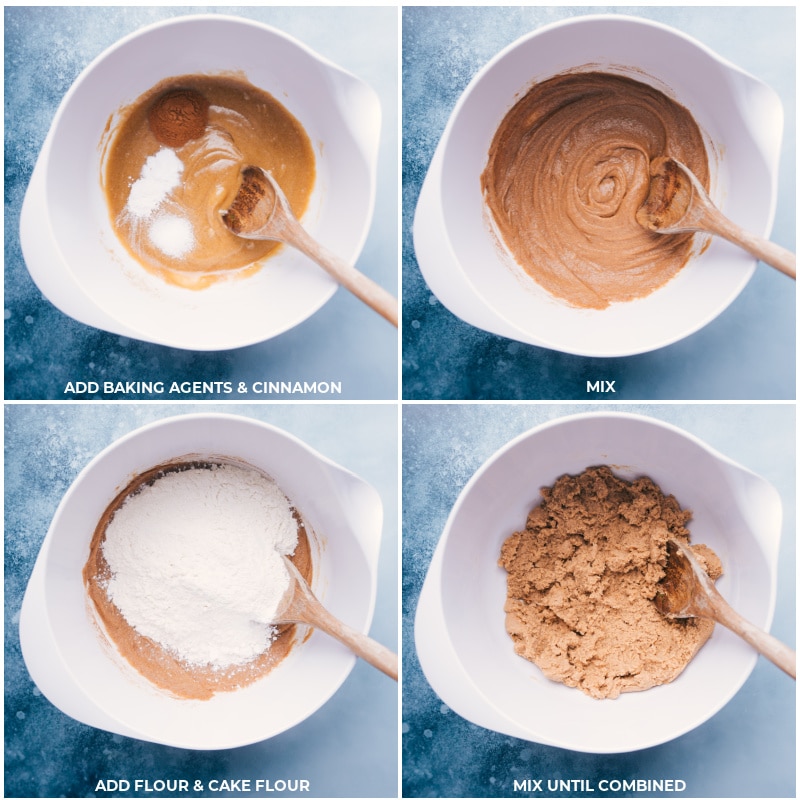 Process shots: add the baking agents, cinnamon, flour, and cake flour to a bowl and mix together