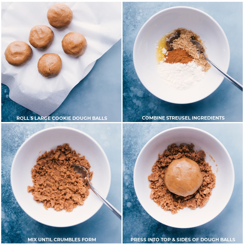Process shots-- roll the dough into balls; combine streusel ingredients; mix until crumbly; press the streusel onto the top and sides of the dough balls.