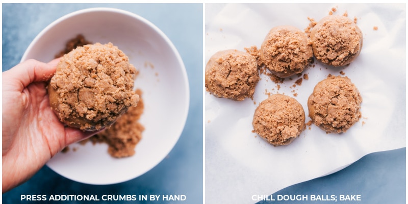 Process shots--press the crumble topping in; chill the dough balls.
