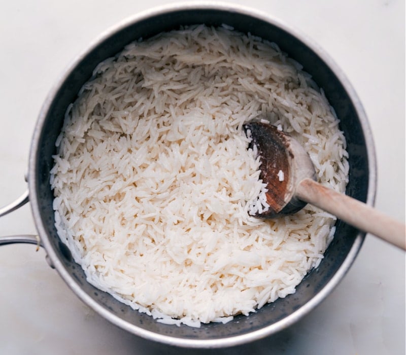 Overhead image of the rice just finished cooking