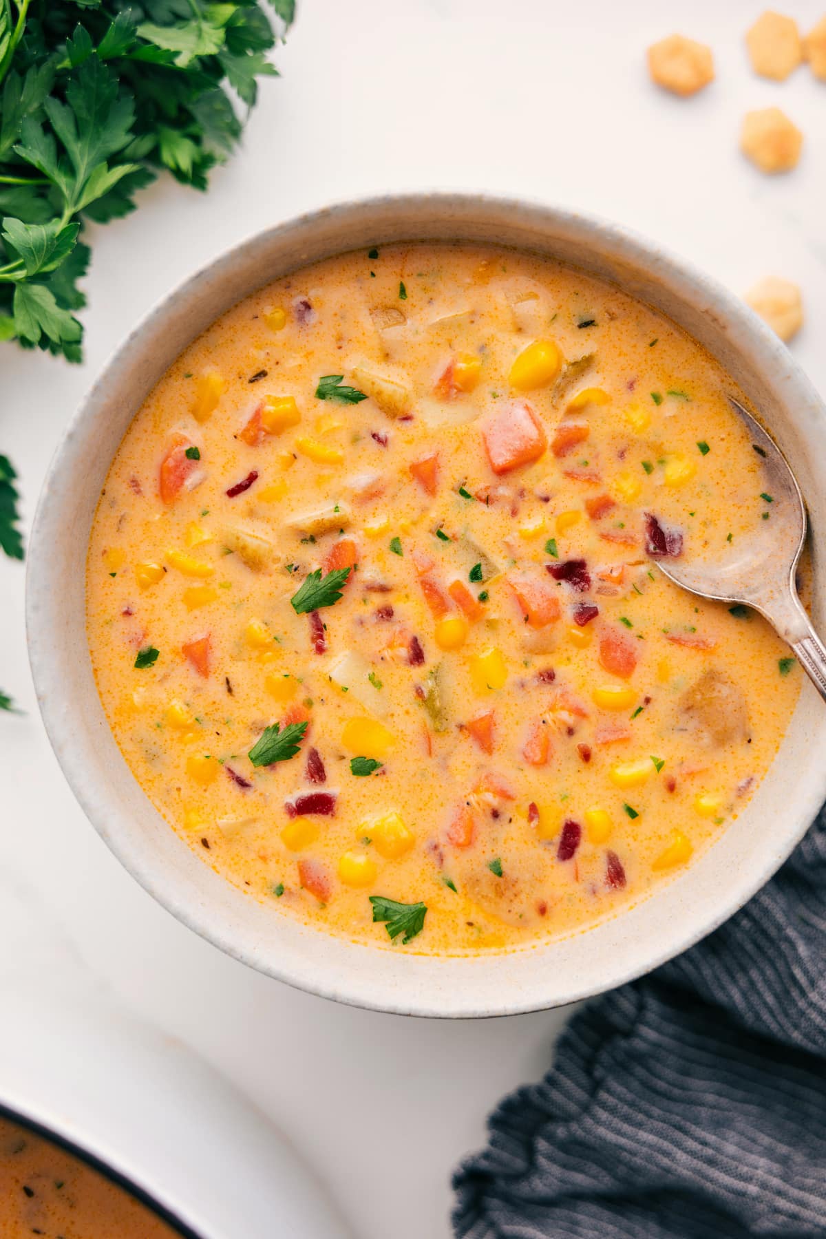 Corn and Potato Chowder Recipe served in a bowl.