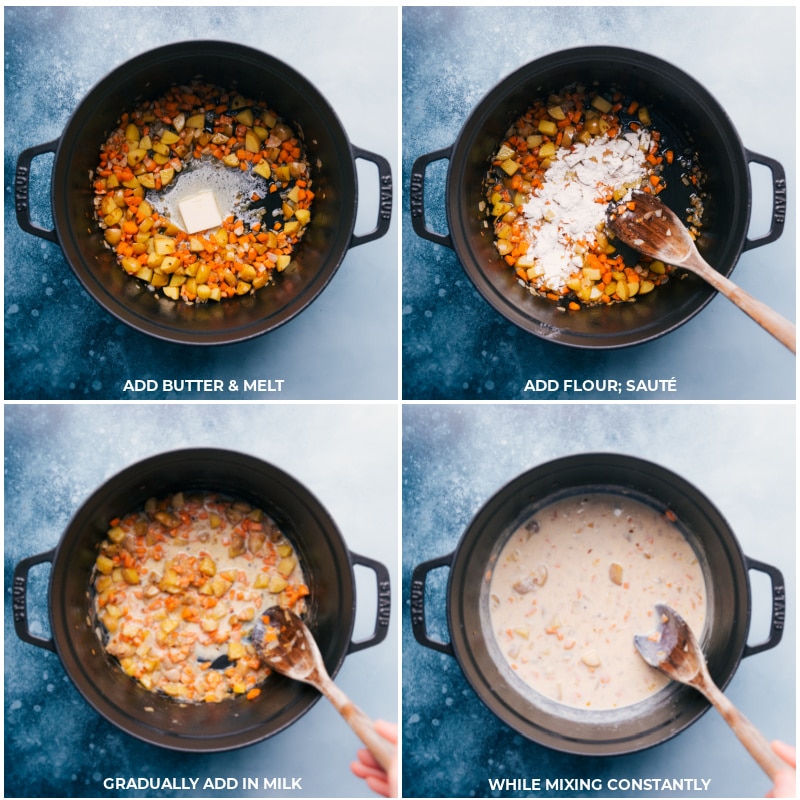 Process shots-- images of the butter, flour, and milk being added for this Corn Chowder Pot Pie