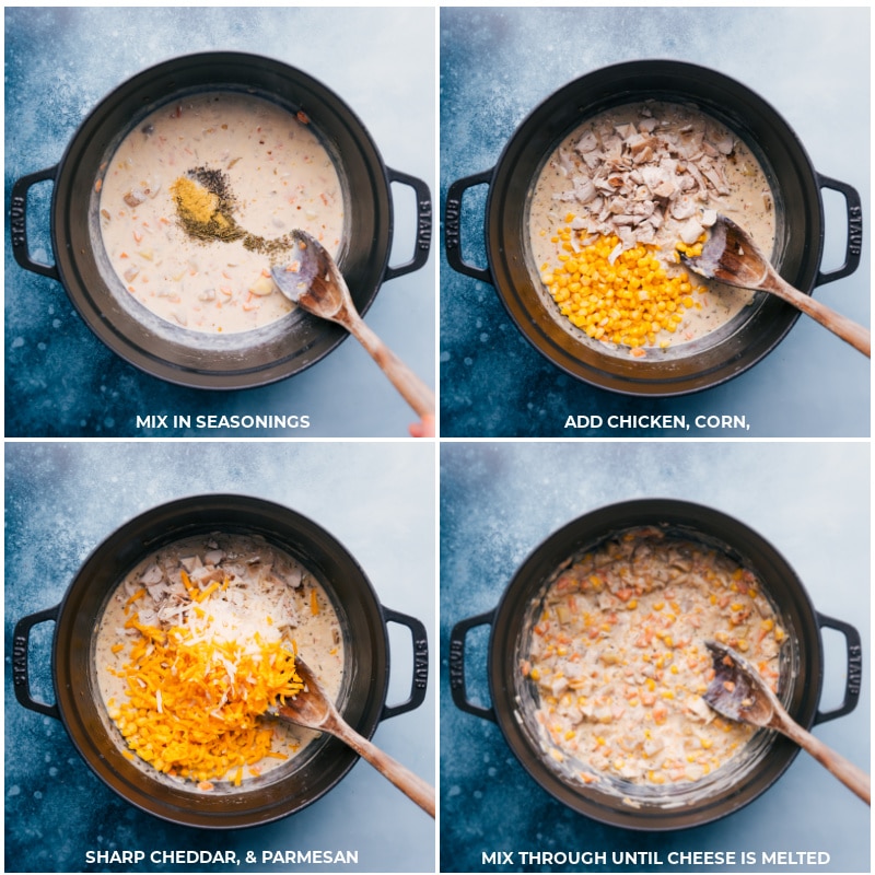 Process shots-- images of the seasonings, chicken, corn, and cheese being added to the filling