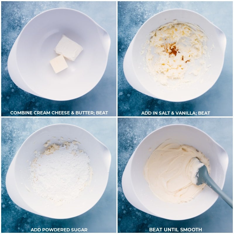 Beat cream cheese and butter together, then add salt, vanilla, and powdered sugar.