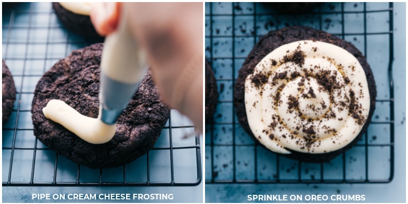 Process shots-- images of the frosting being pipped on the Crumbl Oreo Cookies