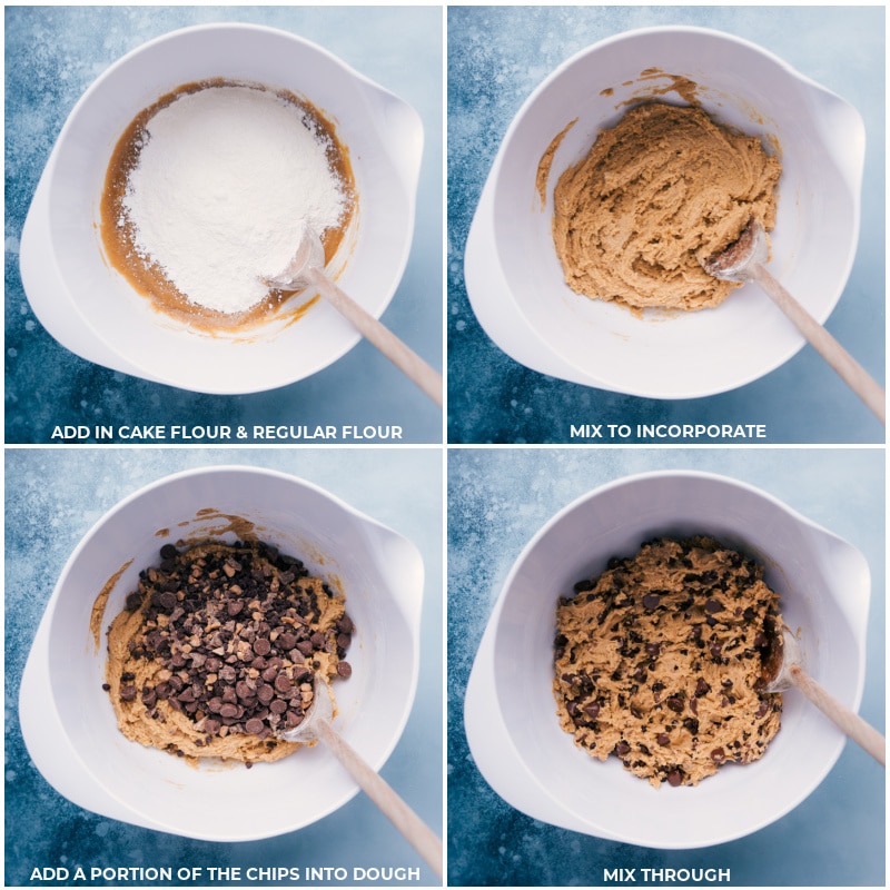 Process shots of the Gideon's Bakehouse Cookie-- images of the cake flour, regular flour, and chocolate chips being added to a bowl and mixed together