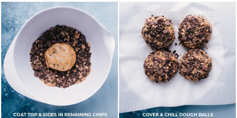 Process shots-- images of the dough balls being rolled into remaining chocolate chips