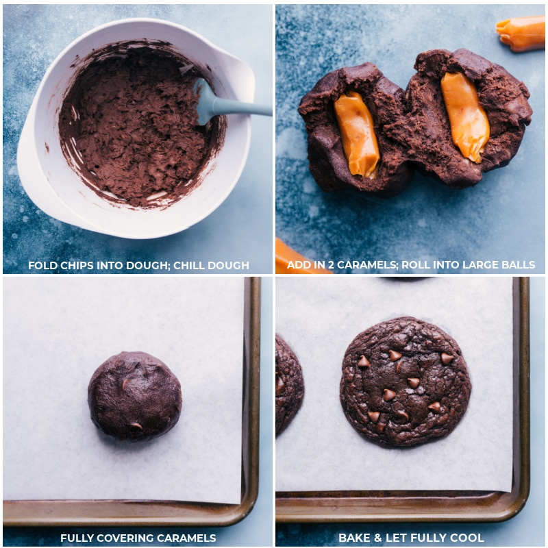 Process shots-- images of the caramels being added to the center of the dough and the dough being rolled into a ball and baked