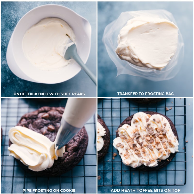 Process shots of heath bar cookies-- images of the frosting being pipped onto the cookies and the heath toffee bits being sprinkled on top