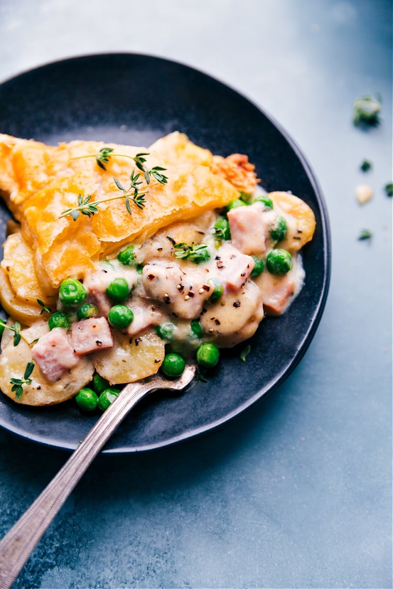 A slice of Ham and Potato Pot Pie on a plate