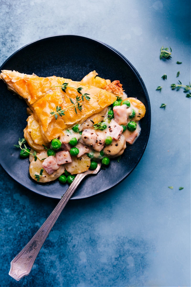 Overhead image of a plateful of Ham and Potato Pot Pie