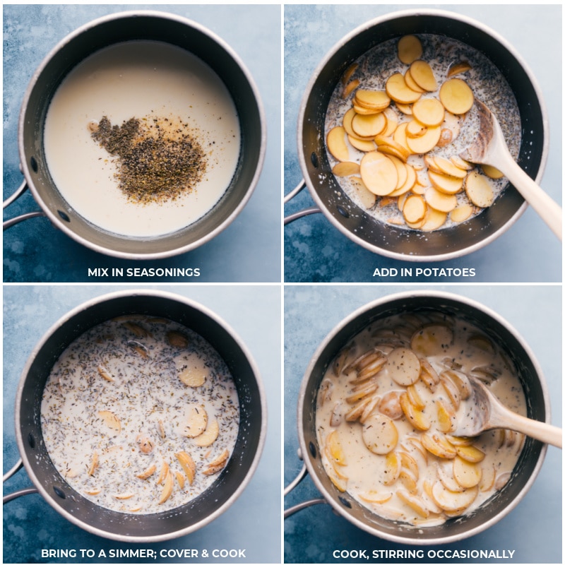 Process shots-- Adding the potatoes and seasonings to the cream mixture for this Ham and Potato Pot Pie