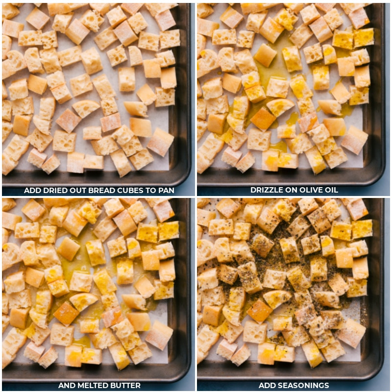 Process shots--Making homemade croutons by adding oil to dried bread cubes; add melted butter and seasonings.