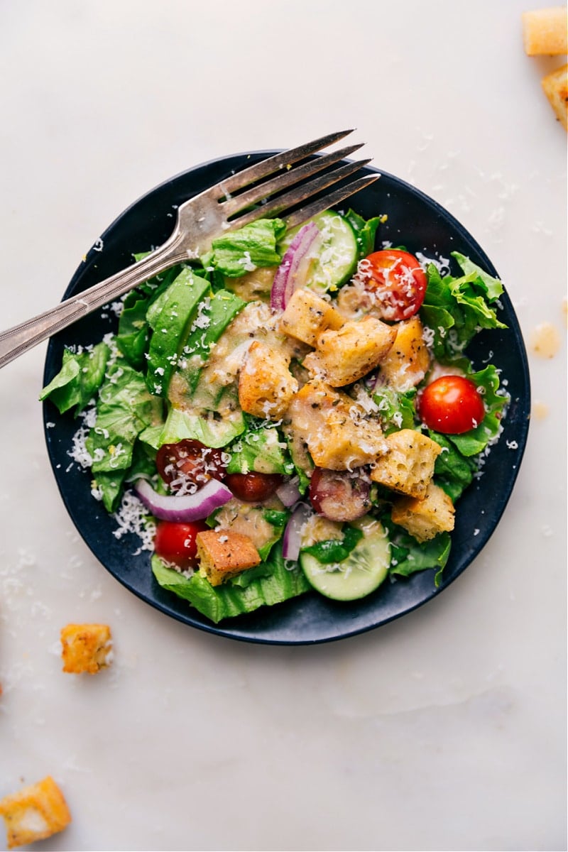 Overhead image of a salad topped with Italian Dressing