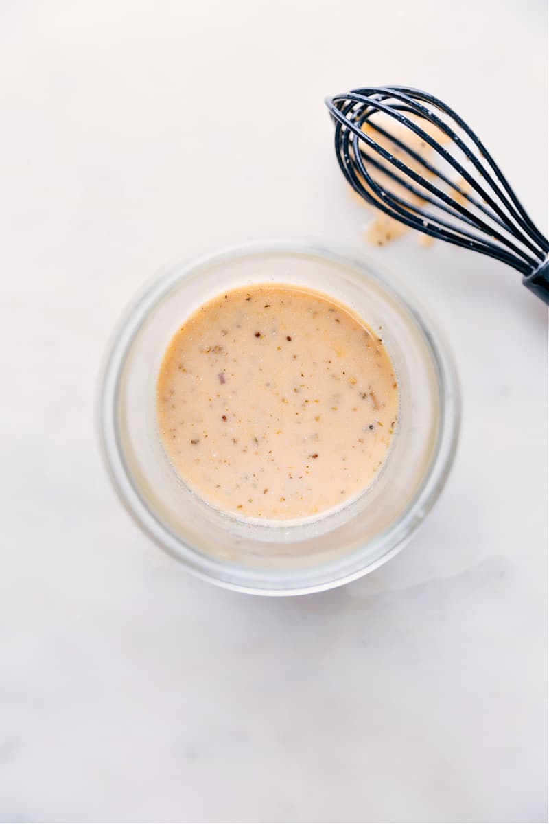 Overhead image of Italian Dressing ready to be served on a salad