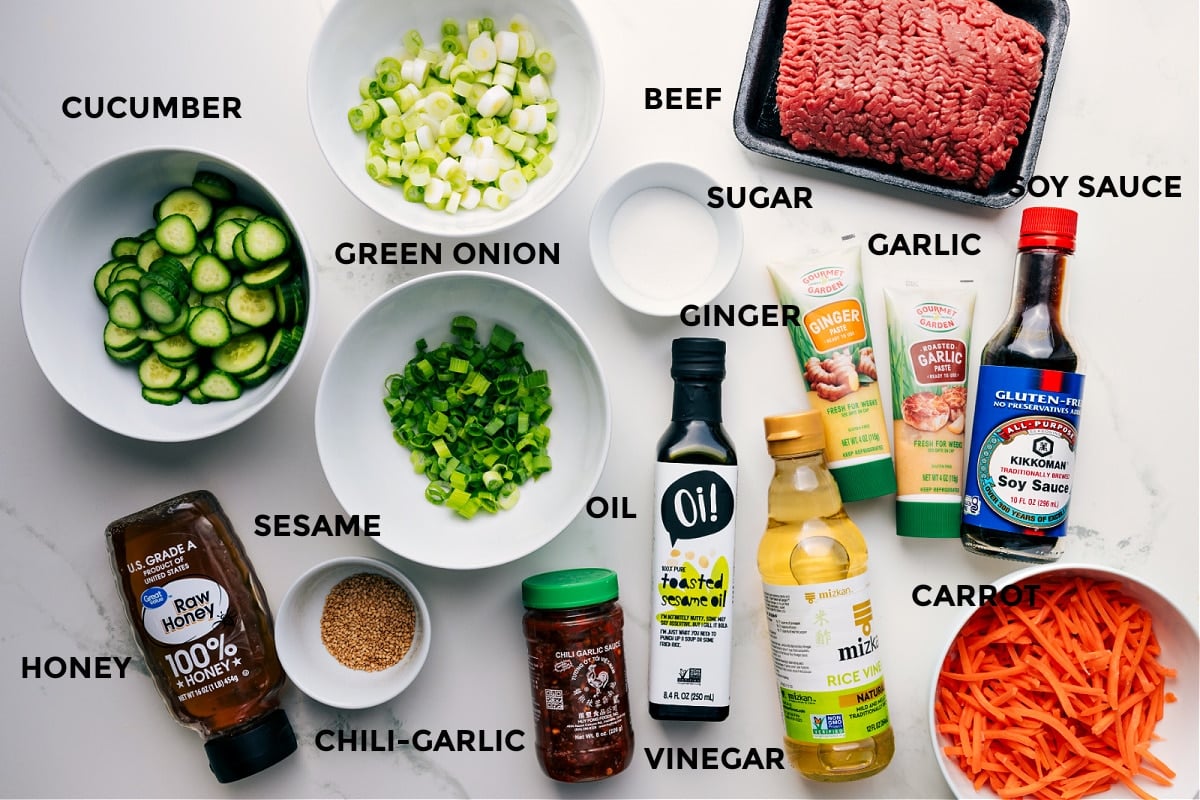 All the ingredients for this recipe are prepped and ready for easy assembly, including the meat, green onions, soy sauce, garlic, cucumber, ginger, carrot, vinegar, oil, chili garlic sauce, sesame oil, and honey.