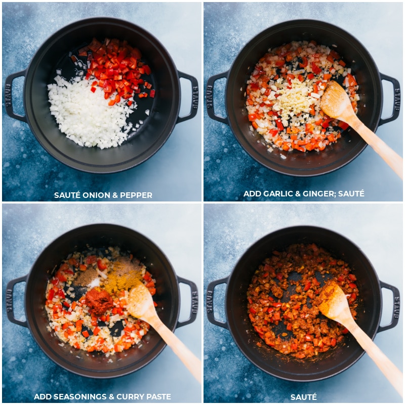 Process shots-- images of the veggies being sautéed, and the garlic, ginger, seasonings, and curry paste being added