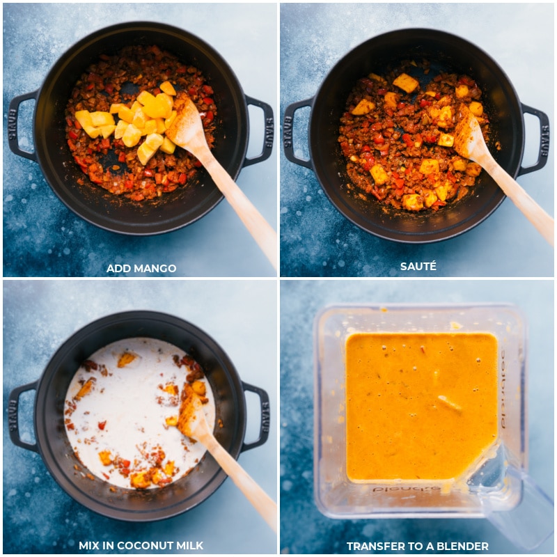 Process shots of the Mango Chicken curry-- the mango being added and sautéed, and then the coconut milk being added; transferring to a blender