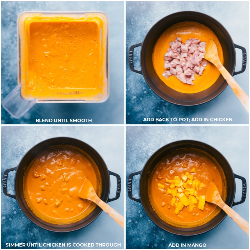 Process shots-- Adding the blended mixture back to the pot; adding the chicken and simmering; stirring in the mango.