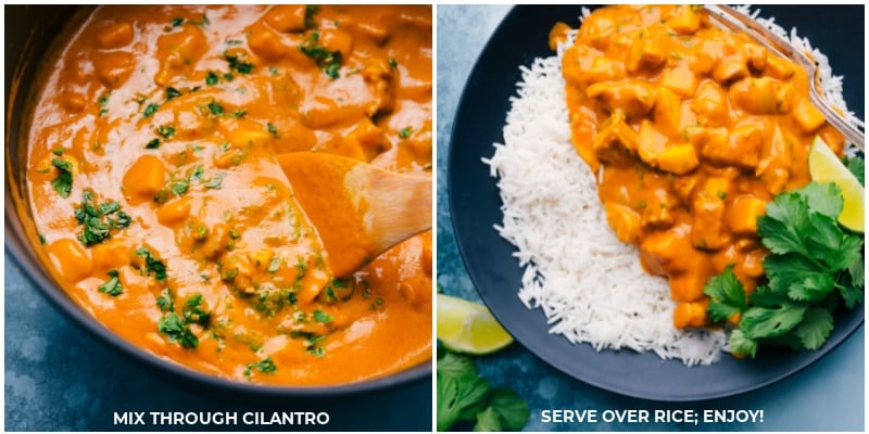 Image of cilantro being mixed into the Mango Chicken Curry and serving it over rice