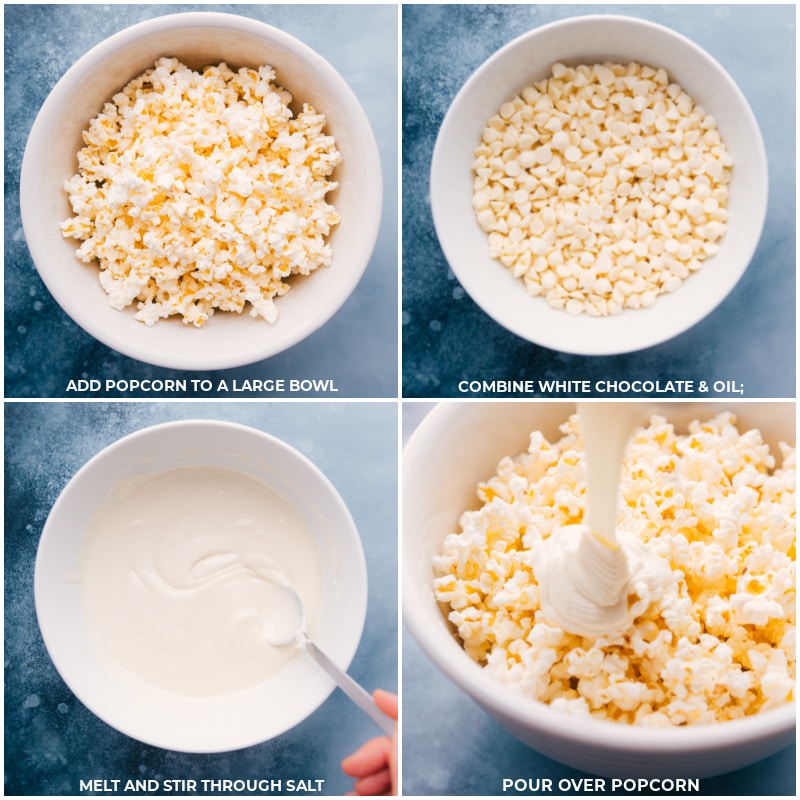 Process shots: Make Oreo Popcorn by adding popcorn to a large bowl; combining white chocolate and oil; melt and stir in salt; pour the chocolate mixture over the popcorn.
