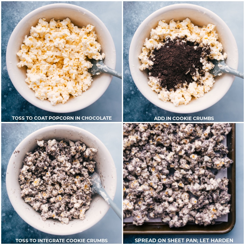 Process shots: toss the popcorn and chocolate mixture; add in cookie crumbs; toss to mix well; spread on a sheet pan; let harden.