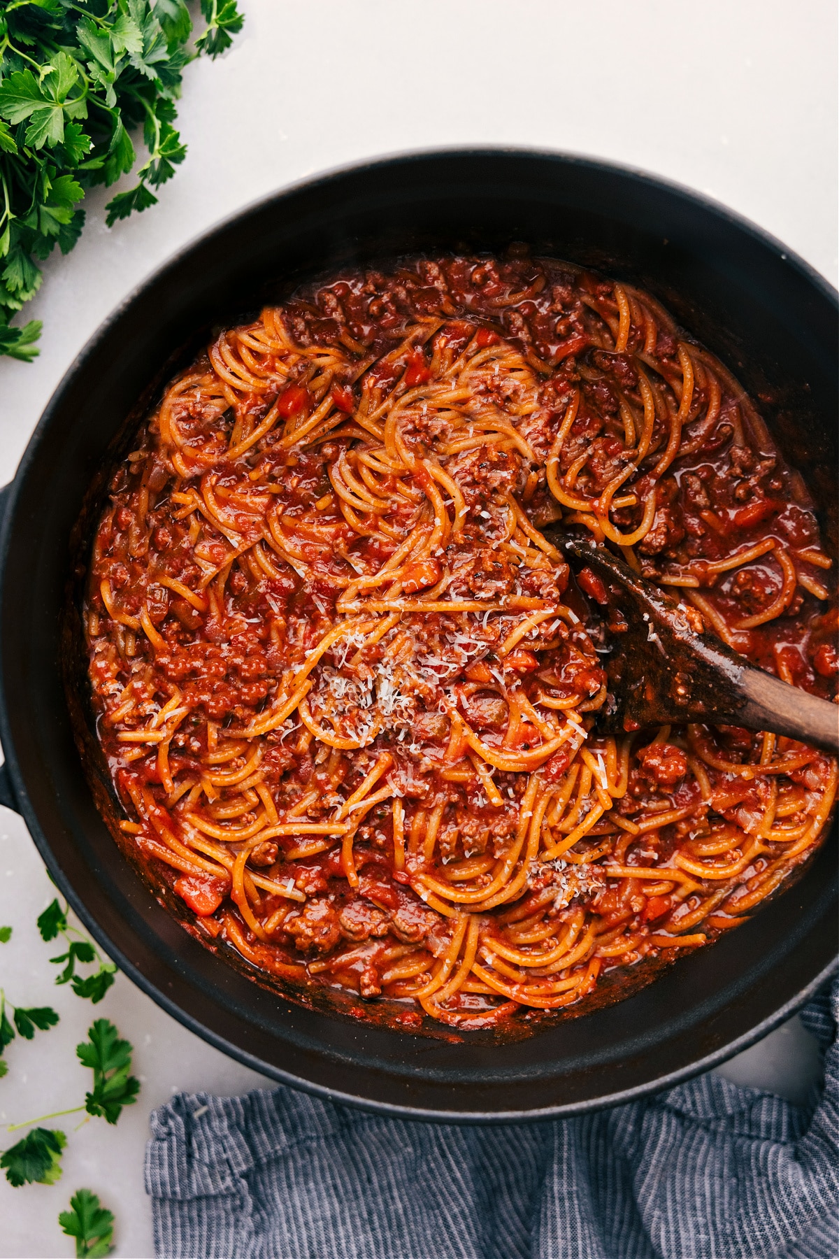 One Pot Spaghetti freshly cooked in the pot.