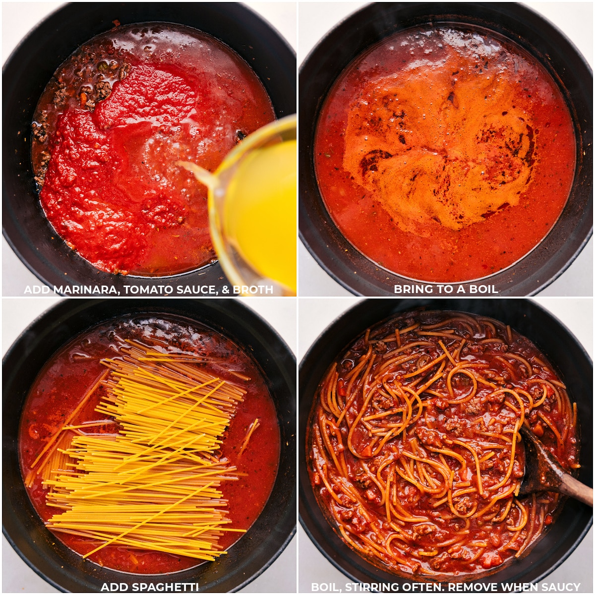 Marinara, tomato sauce, broth, and the pasta being added to the pot for this recipe.