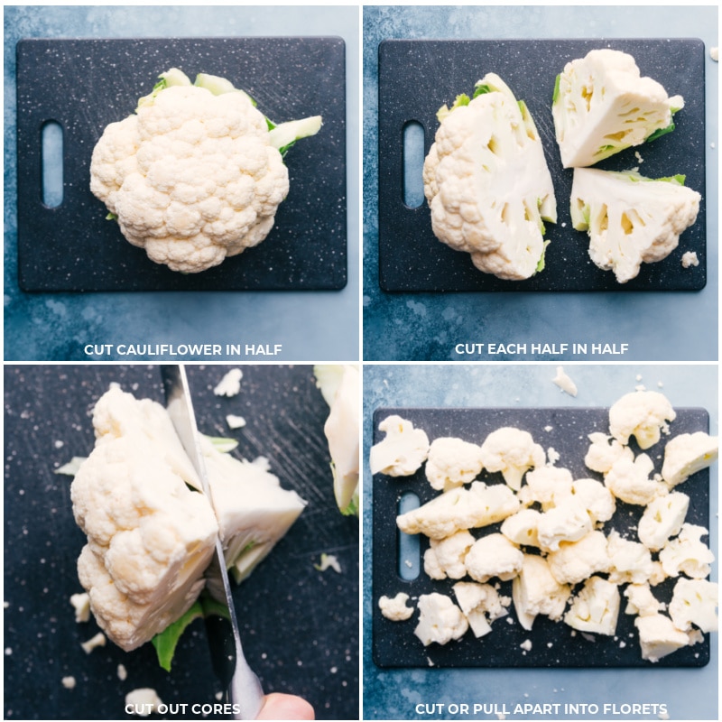 Proces shots-- whole cauliflower, quartered cauliflower, core removed, and finally cut into small pieces.