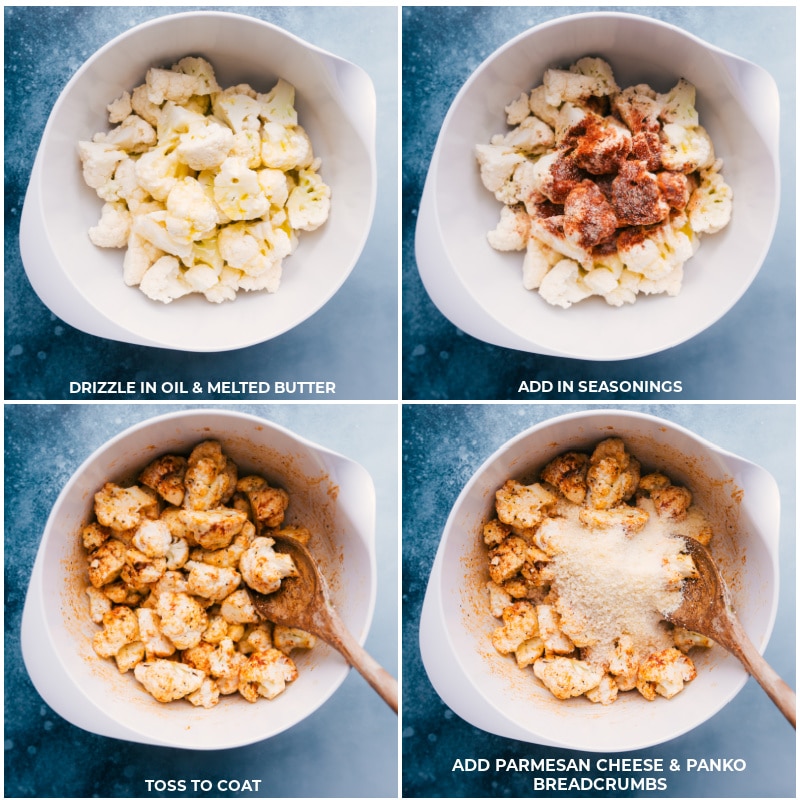 Process shots-- drizzle cauliflower in oil and butter; add seasonings; toss to coat; add Parmesan and panko.