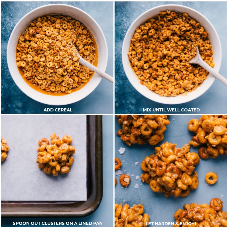 Process shots of the peanut butter cereal bites-- images of the cereal being added and it all being mixed together and placed on a lined pan to harden