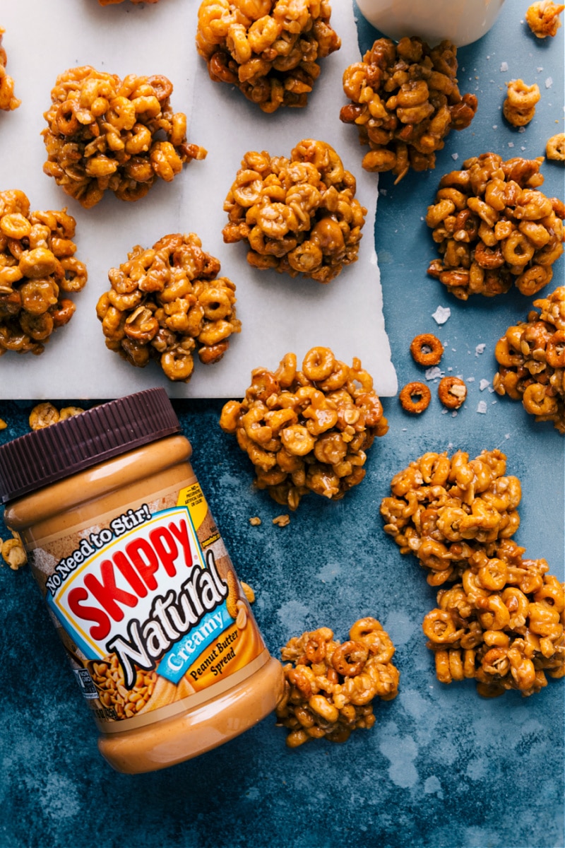 Overhead image of the peanut butter cereal bites ready to be eaten