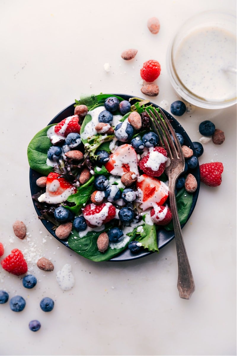 Overhead image of a salad with Poppy Seed Dressing on top